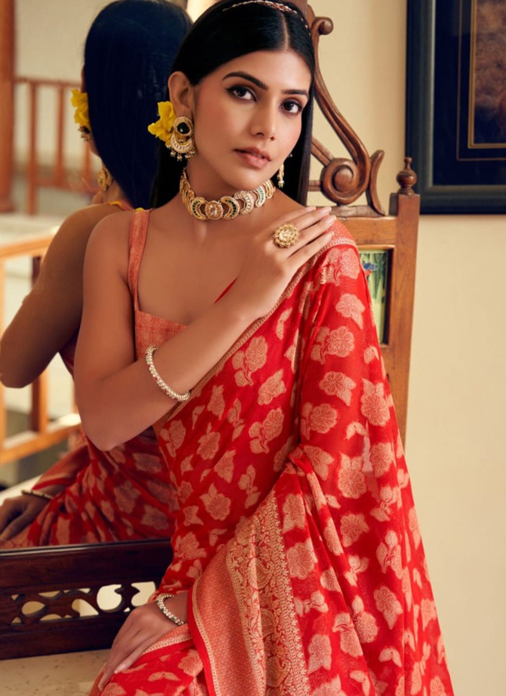 Weaving Zari Georgette Red Designer Saree S15495