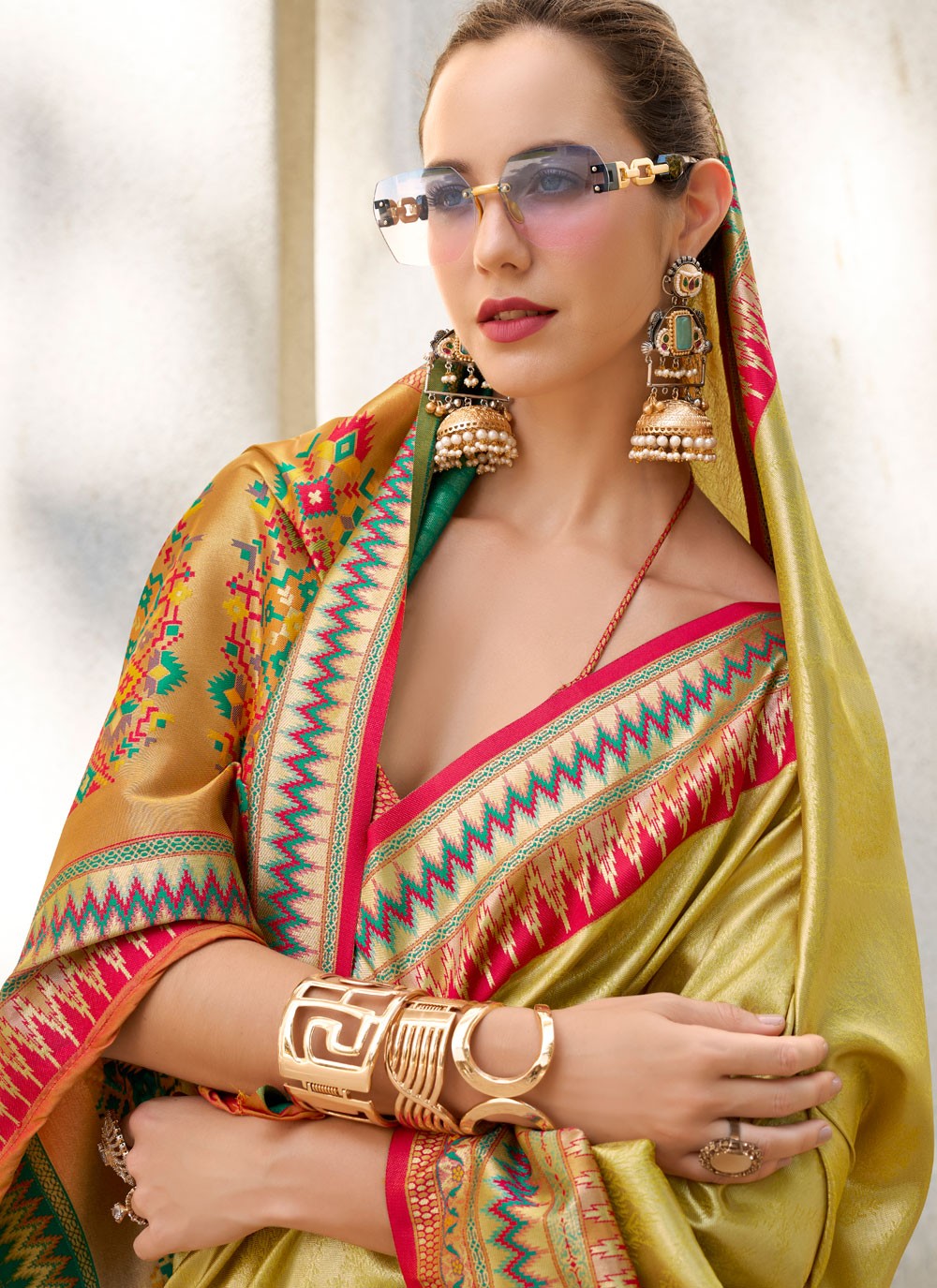 Designer Weaving Zari Green, Mustard Silk Saree S13169