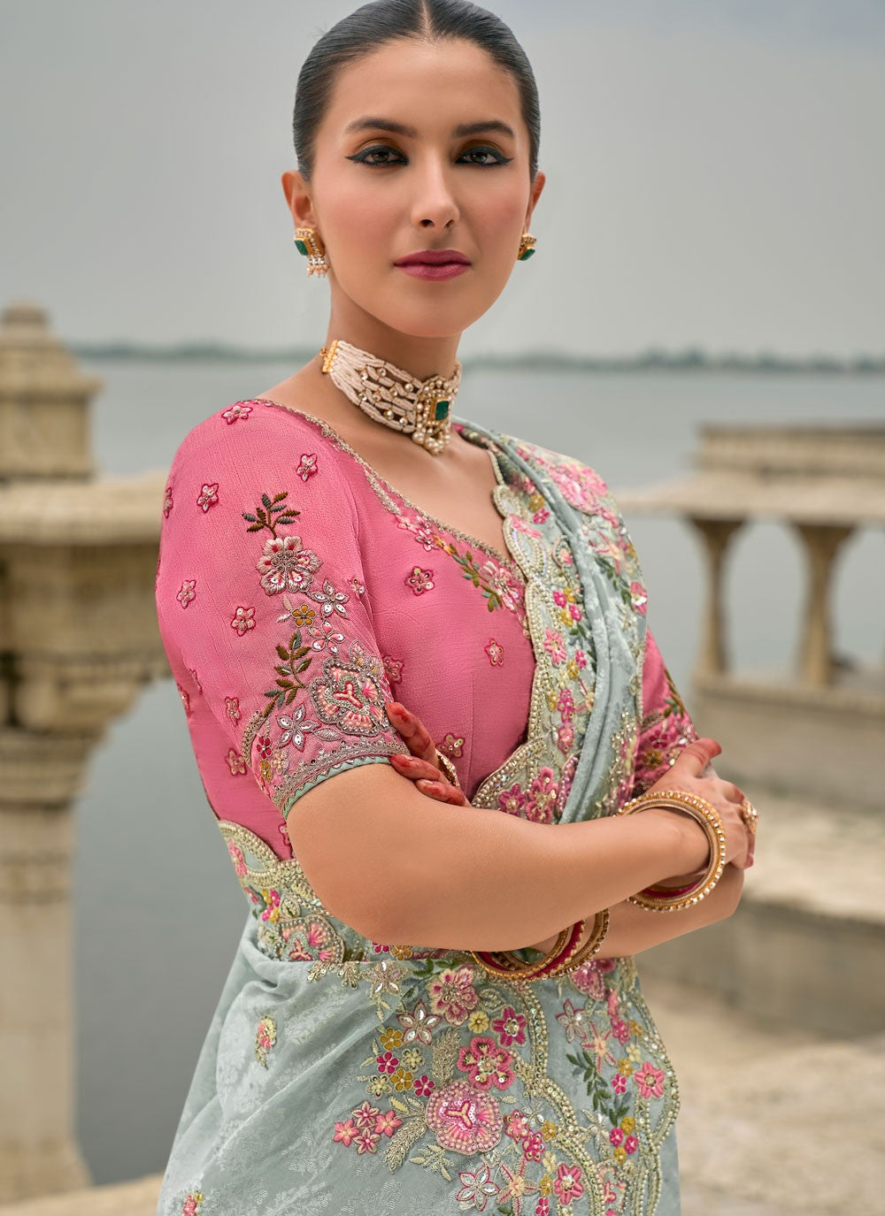 Embroidered Jacquard Aqua Blue Saree S14810