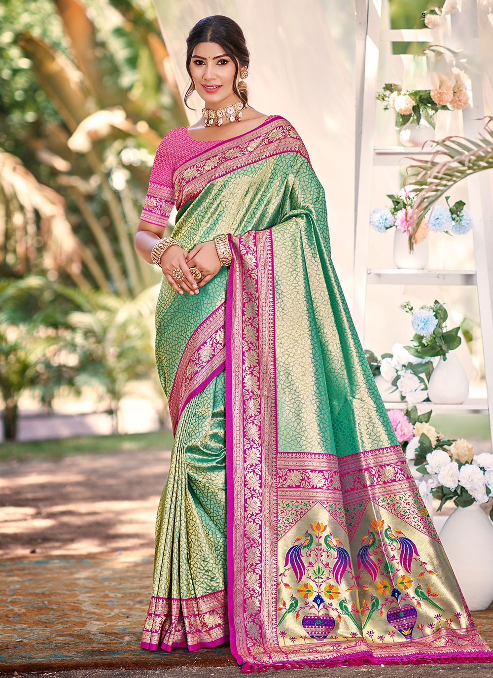Sea Green Kanjivaram Silk Contemporary Saree Weaving Zari S17775