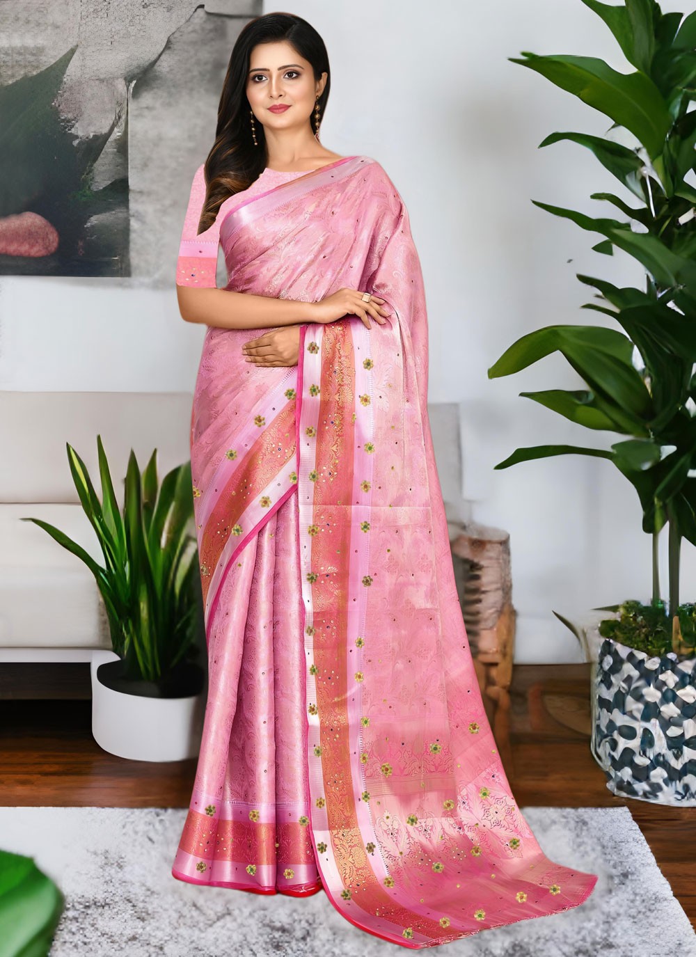 Stones Kanjivaram Silk Pink Trendy Saree S15547