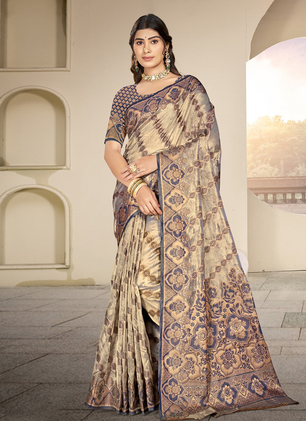 Weaving Zari Organza Blue Saree S14565
