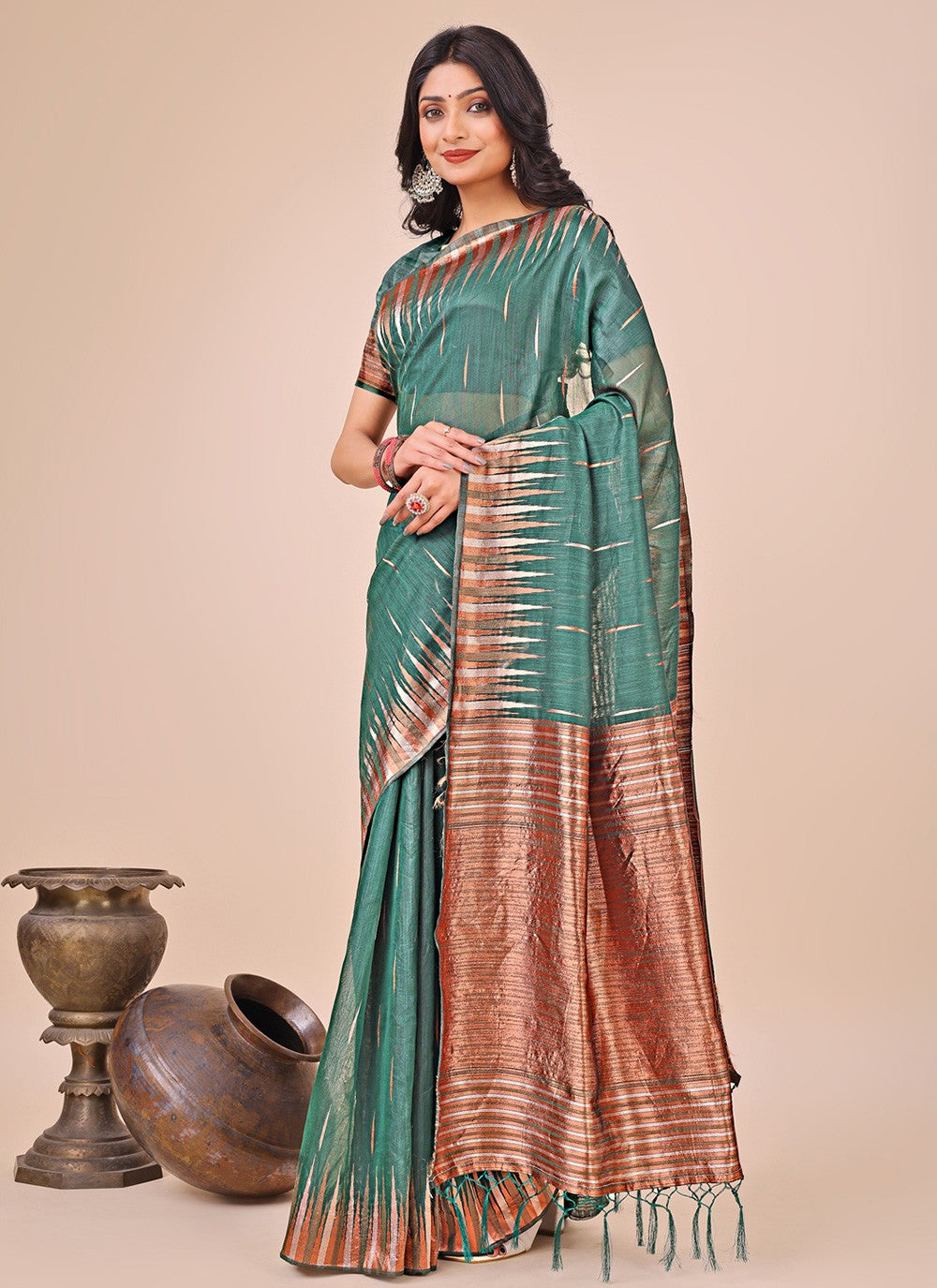 Weaving Zari Cotton Sea Green Classic Saree S15139