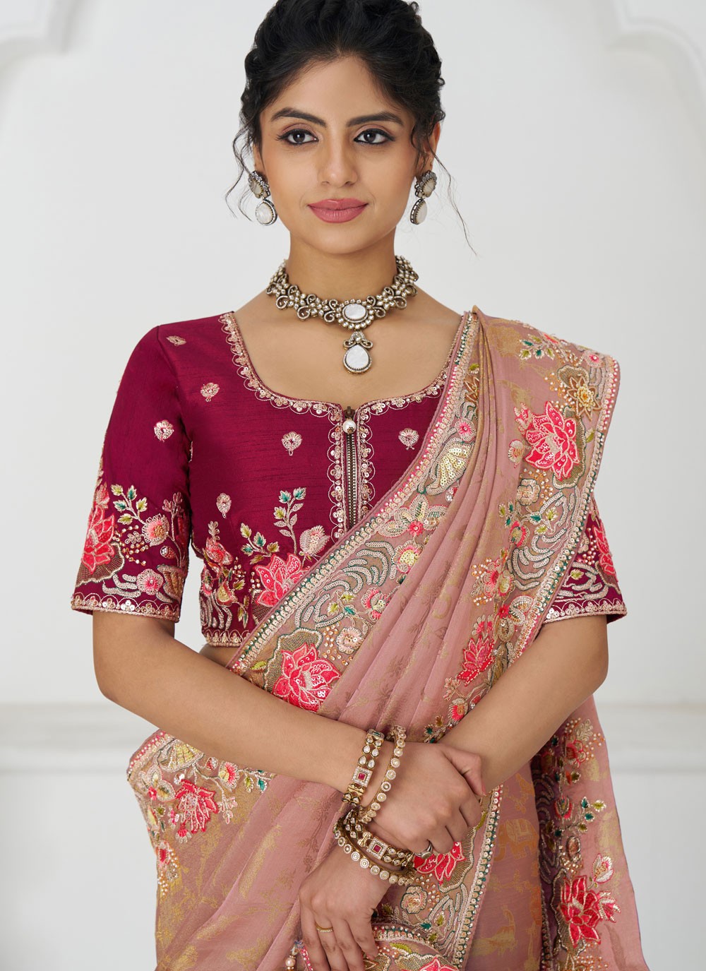Embroidered Pure Dola Peach Designer Saree S15643
