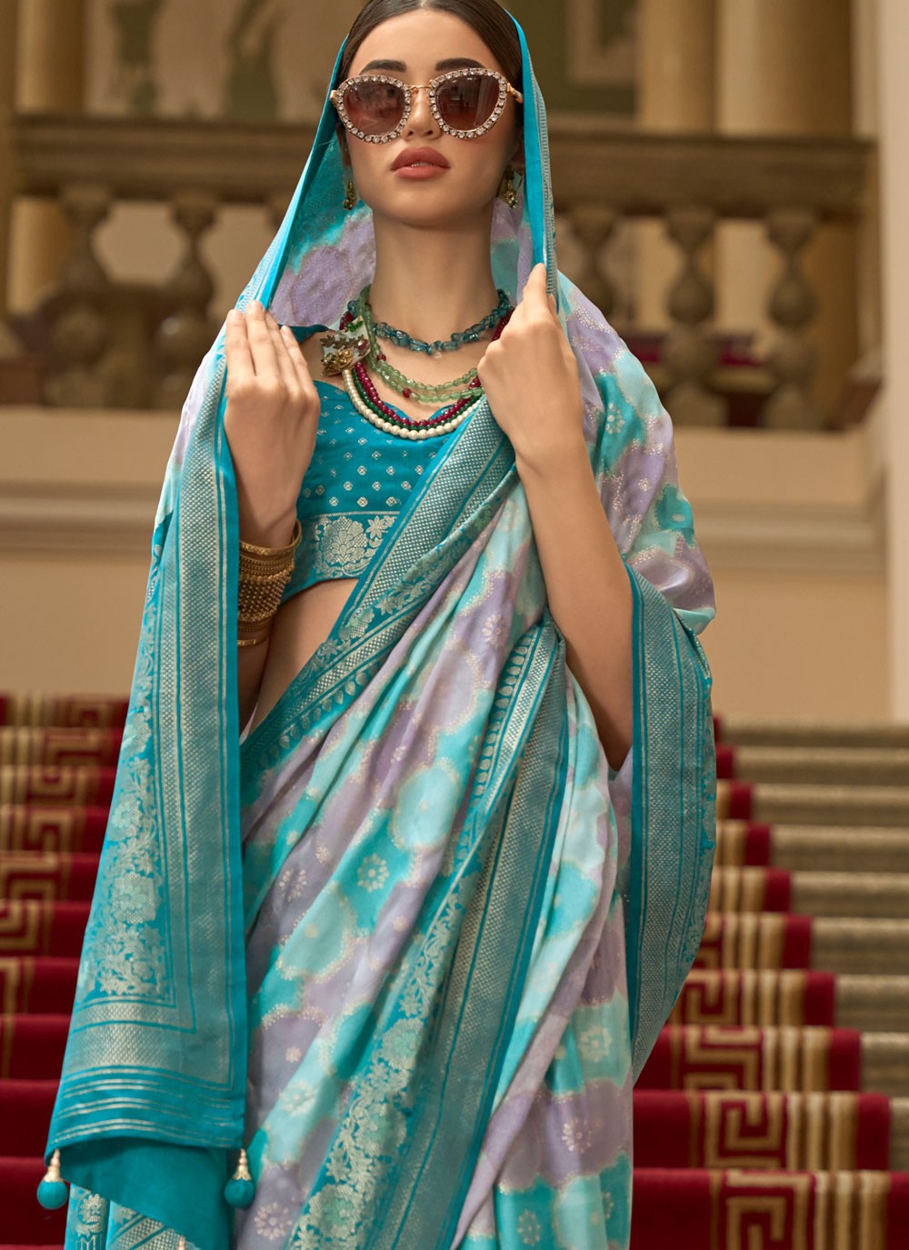 Firozi Satin Classic Saree Printed, Weaving Zari S18285
