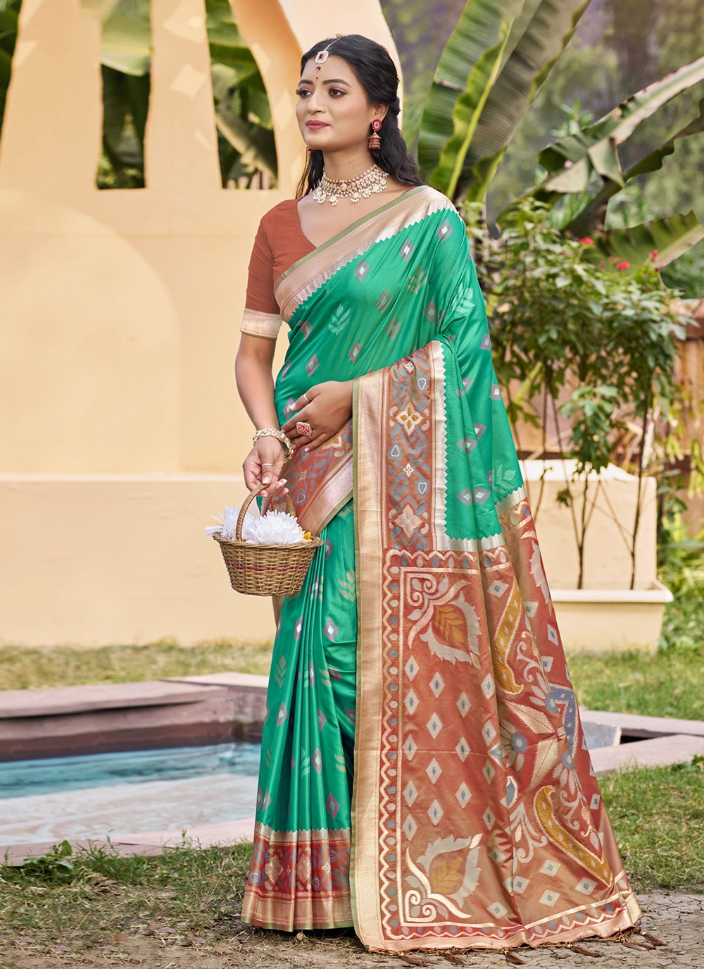Classic Saree Weaving Zari Brown, Sea Green Silk S12931