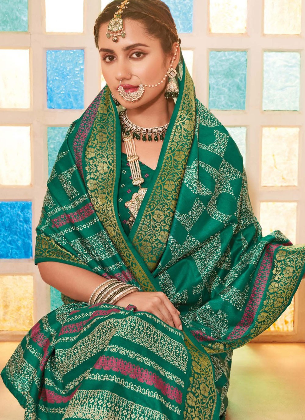 Classic Saree Geometric Print Green, Teal Silk Saree S12796