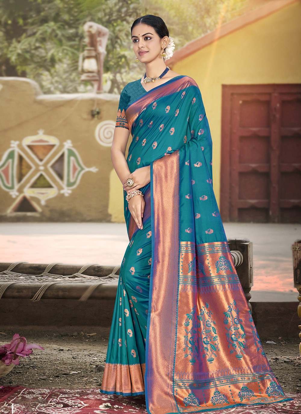 Classic Saree Weaving Zari Teal Silk S12708