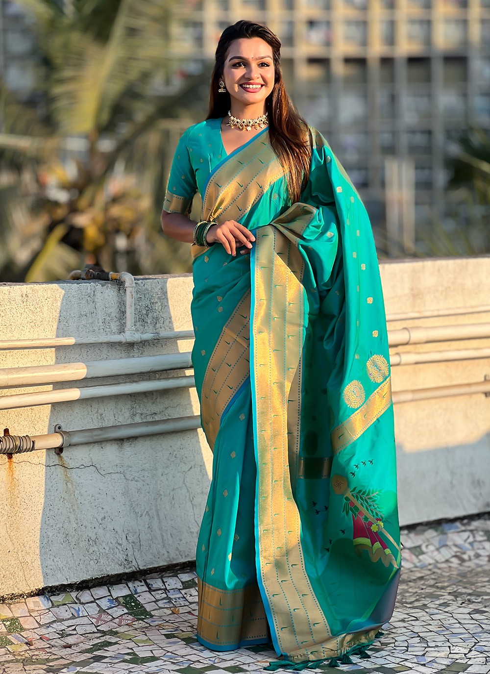 Contemporary Weaving Zari Sea Green Silk Saree S13560