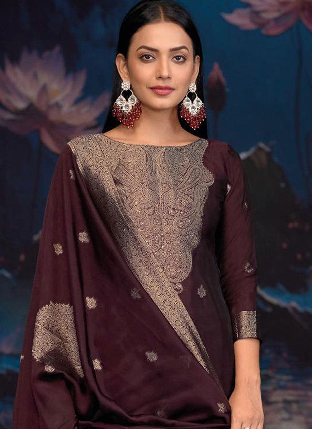 Weaving Zari Silk Wine Pant Style Suit T6572