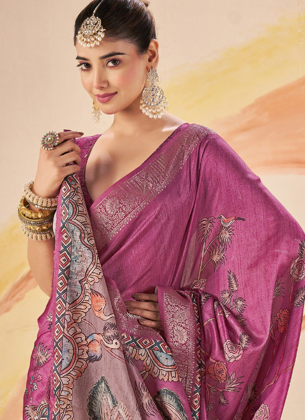Fuchsia Silk Classic Saree Printed, Weaving Zari S19096