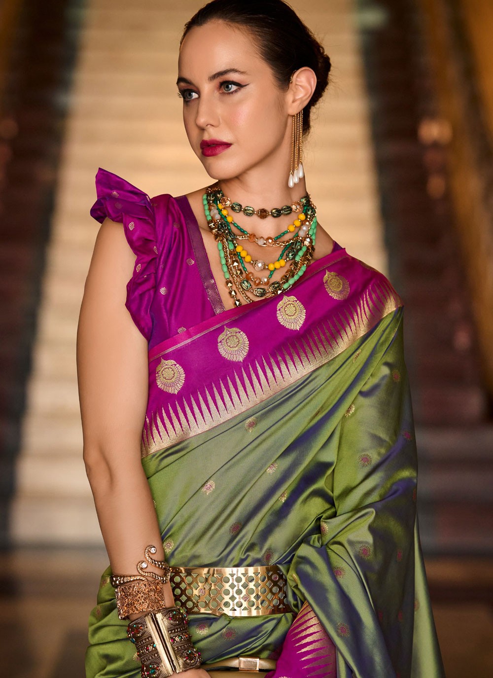Weaving Zari Silk Green Contemporary Saree S14857