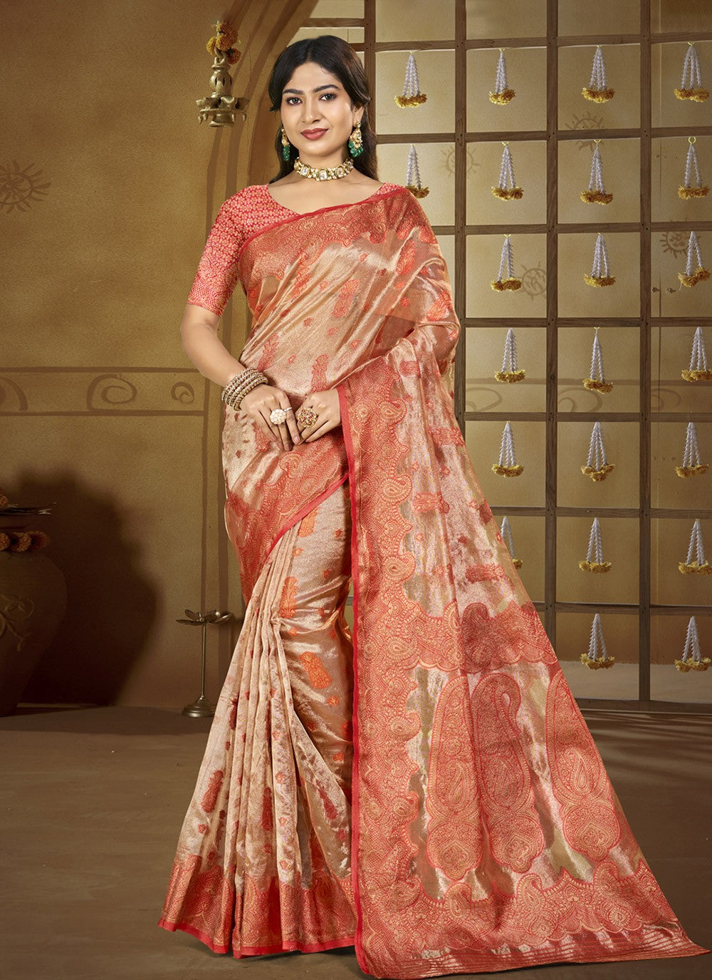 Contemporary Weaving Zari Peach Silk S12730