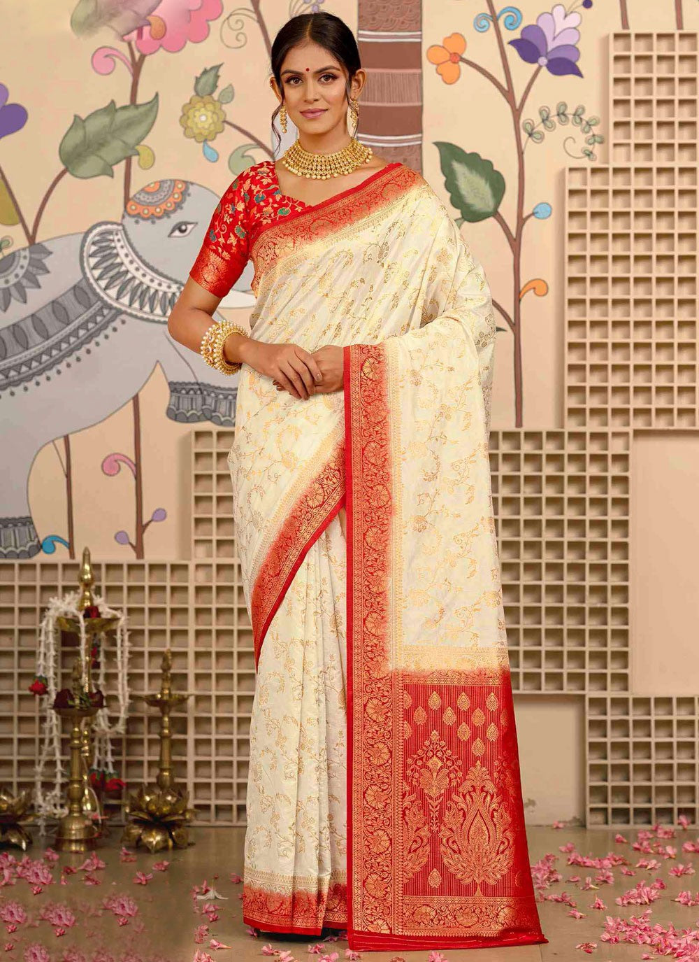 Cream Silk Traditional Saree Weaving Zari S20396