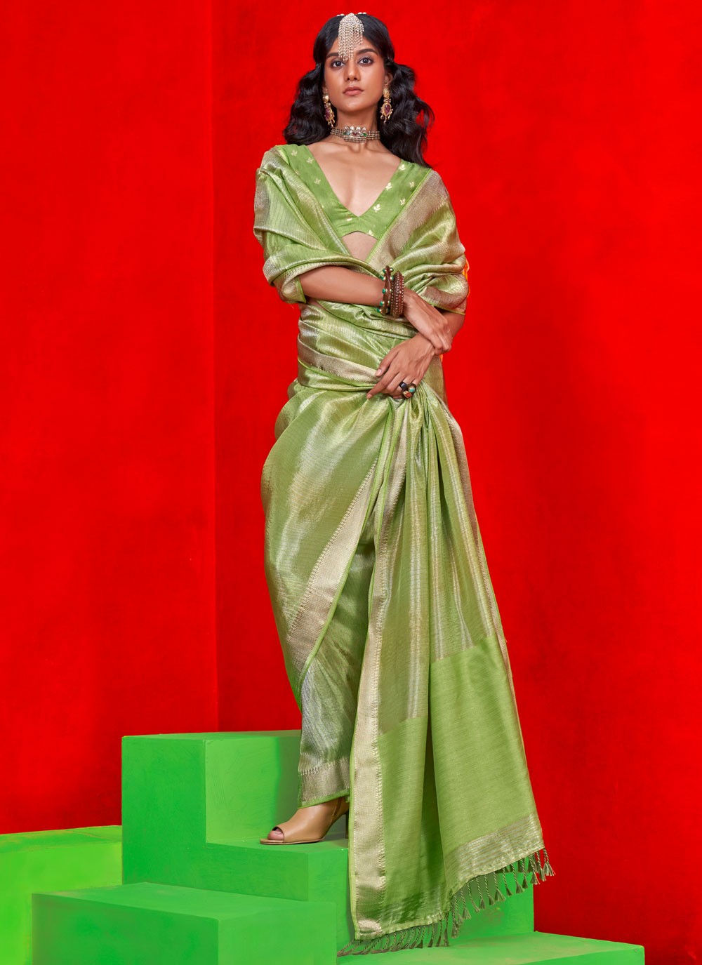Classic Saree Weaving Zari Green Tissue Saree S12702