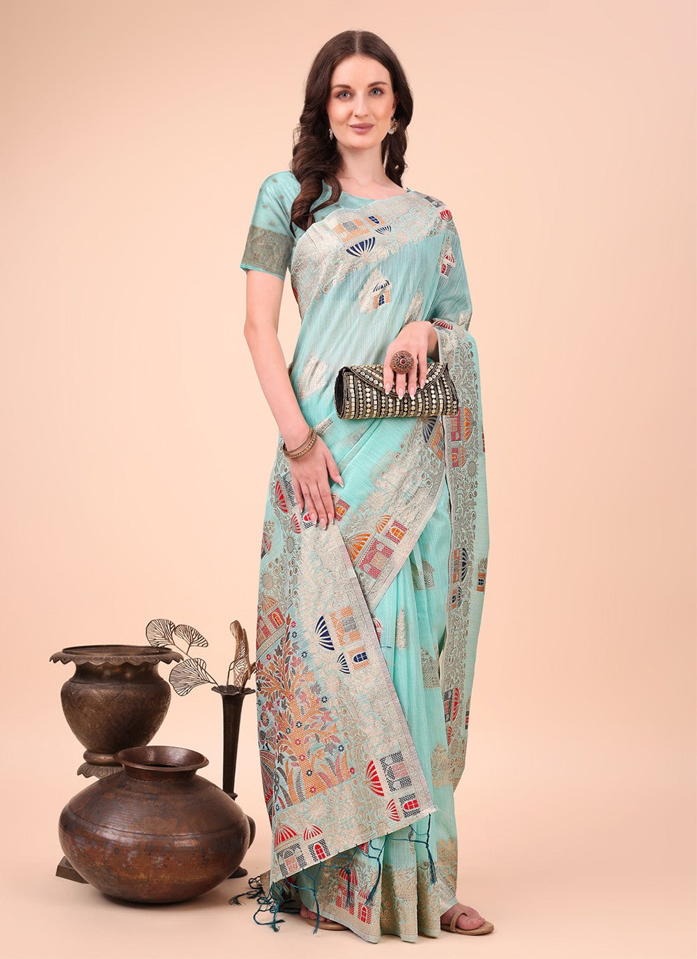 Weaving Zari Cotton Aqua Blue Trendy Saree S15113