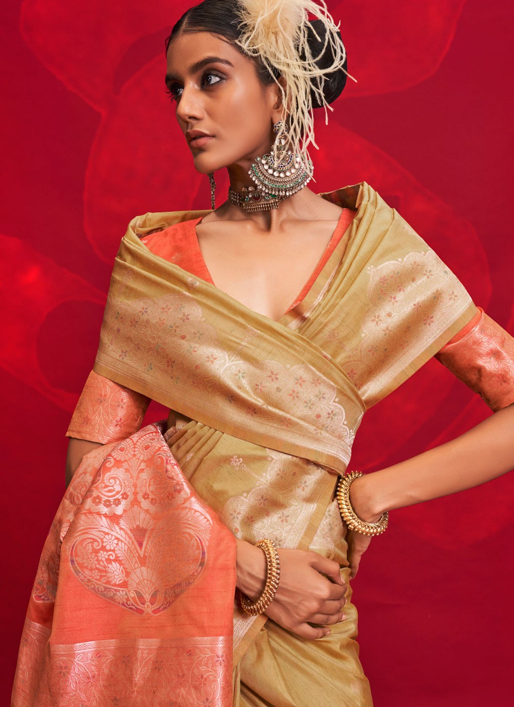 Traditional Weaving Zari Khaki Tussar Silk S12987