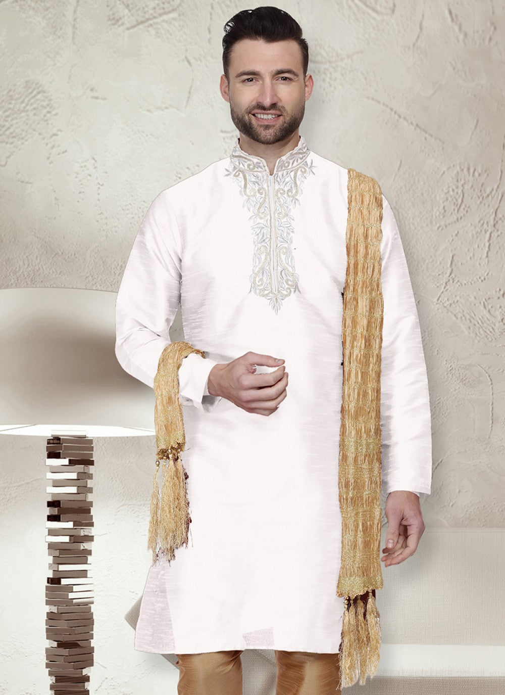 Embroidered Art Dupion Silk White Kurta - M1462