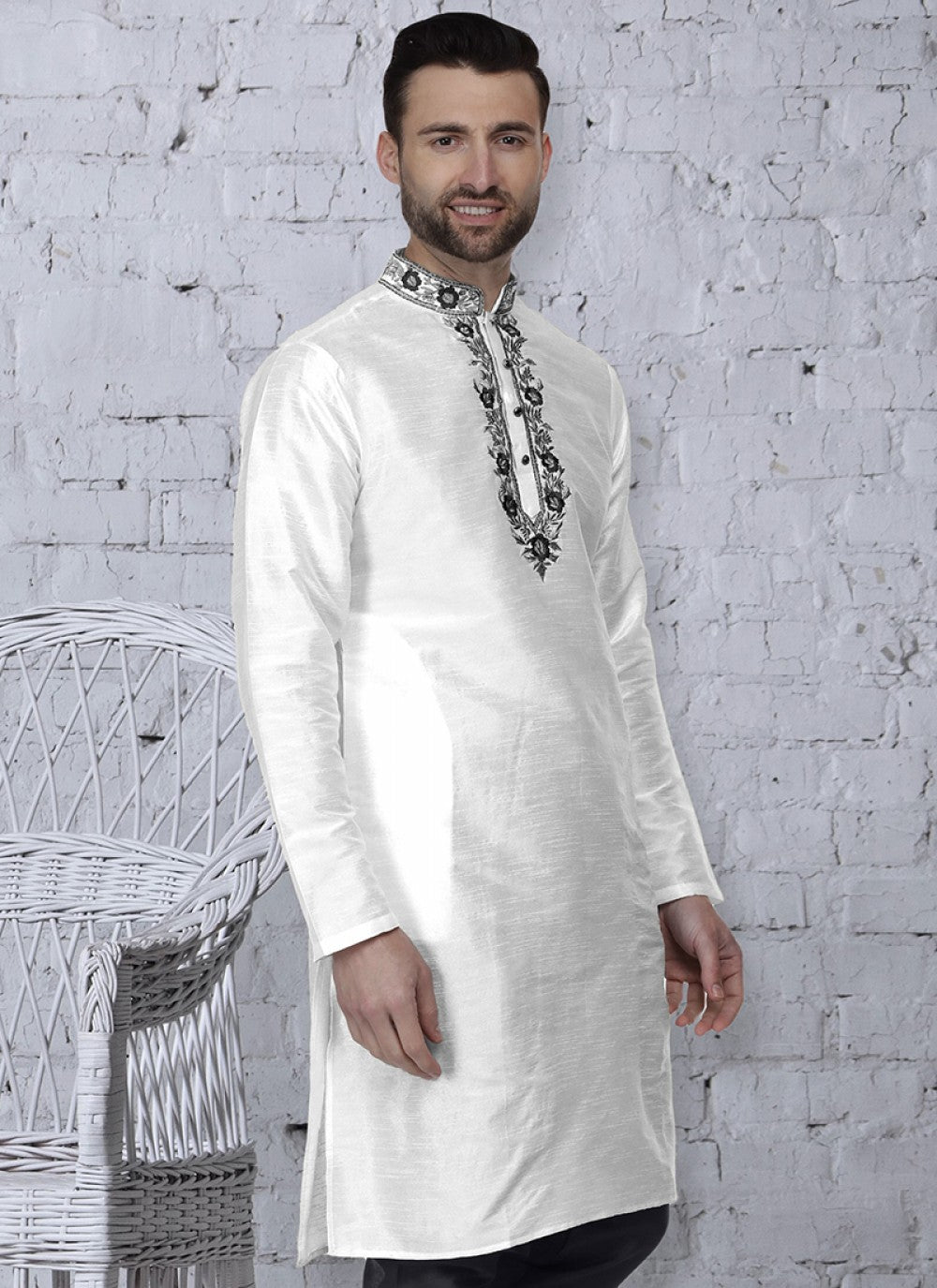 Embroidered Art Dupion Silk White Kurta - M1459