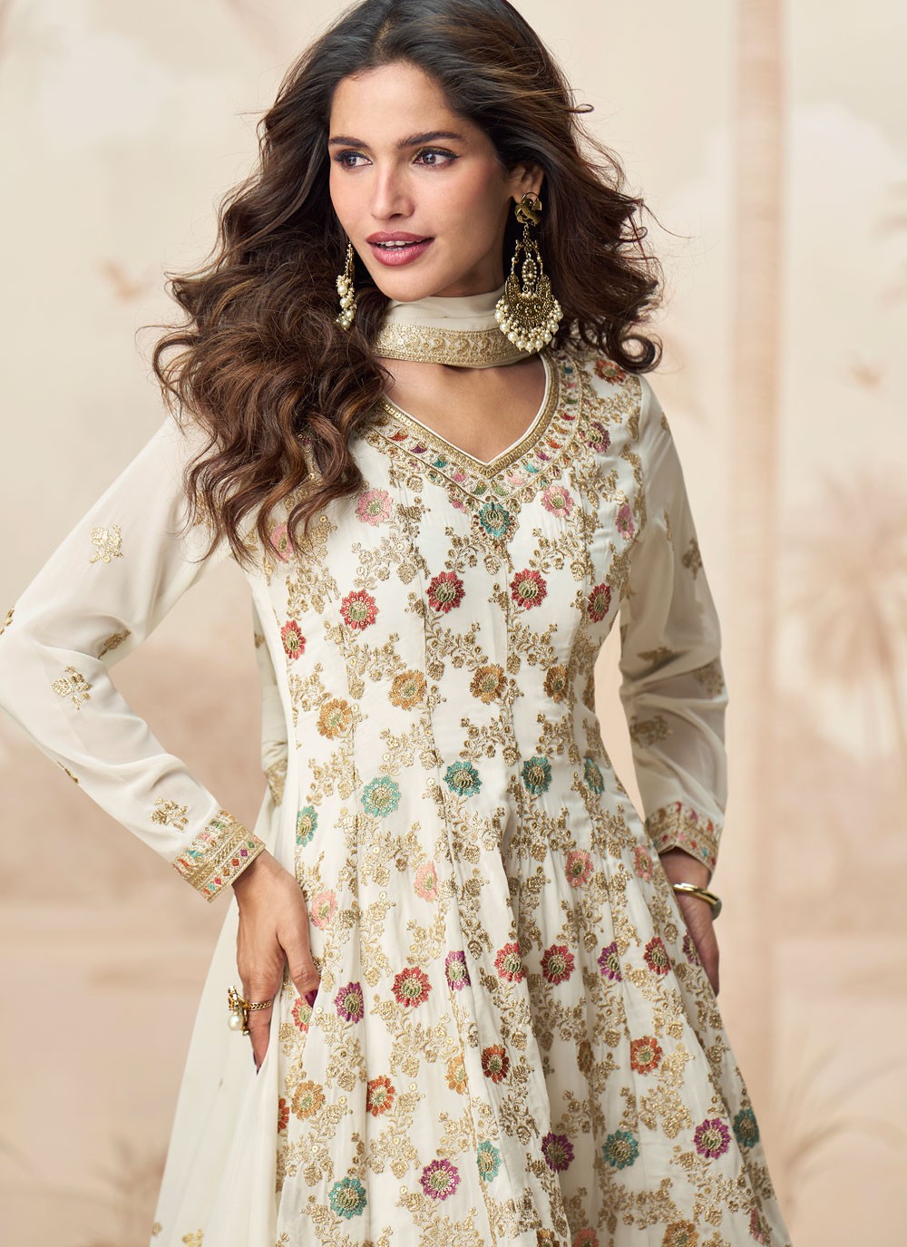 Embroidered Georgette White Palazzo Suit T6072