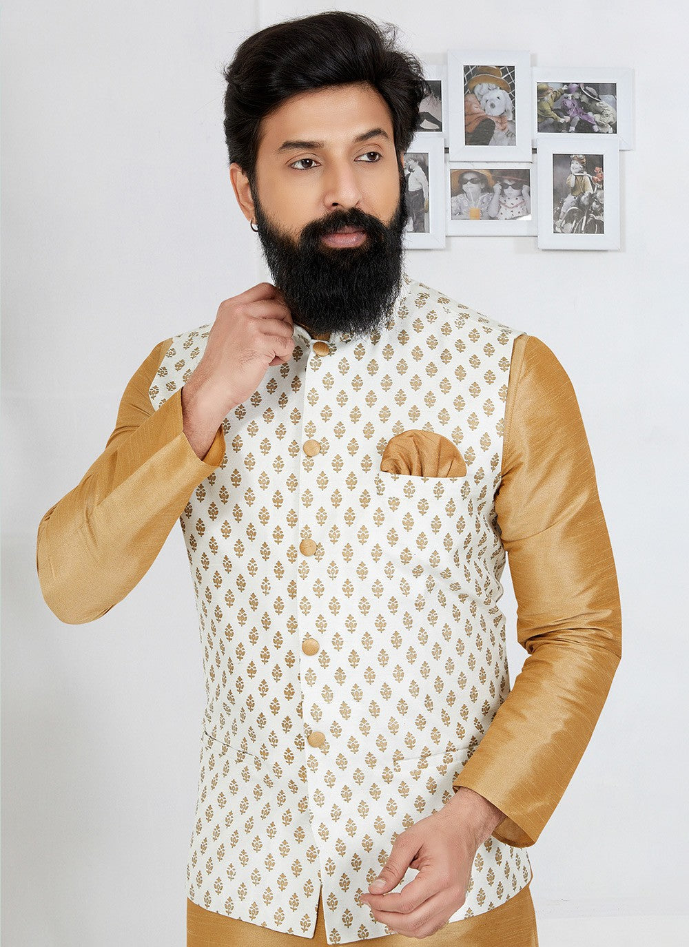 Printed Banarasi Silk White Nehru Jackets - M7480