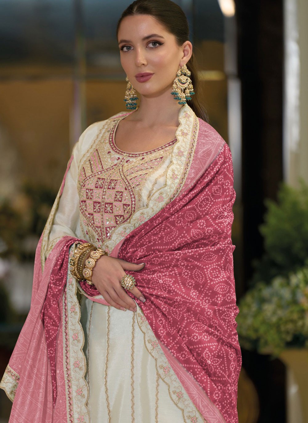 Sharara Suit Embroidered, Stones, Zari White T6767