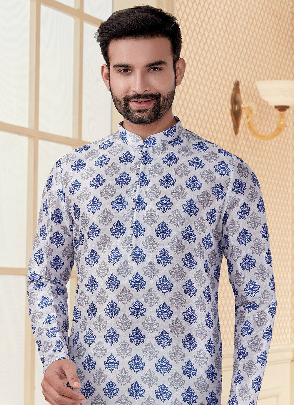 Digital Print Silk White Kurta - M5599