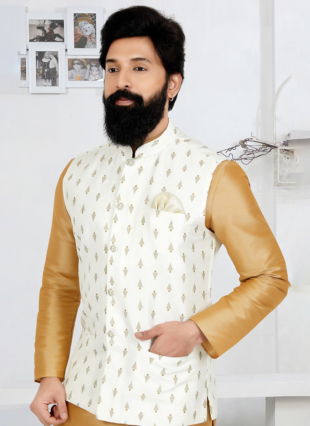 Printed Banarasi Silk White Nehru Jackets - M7493