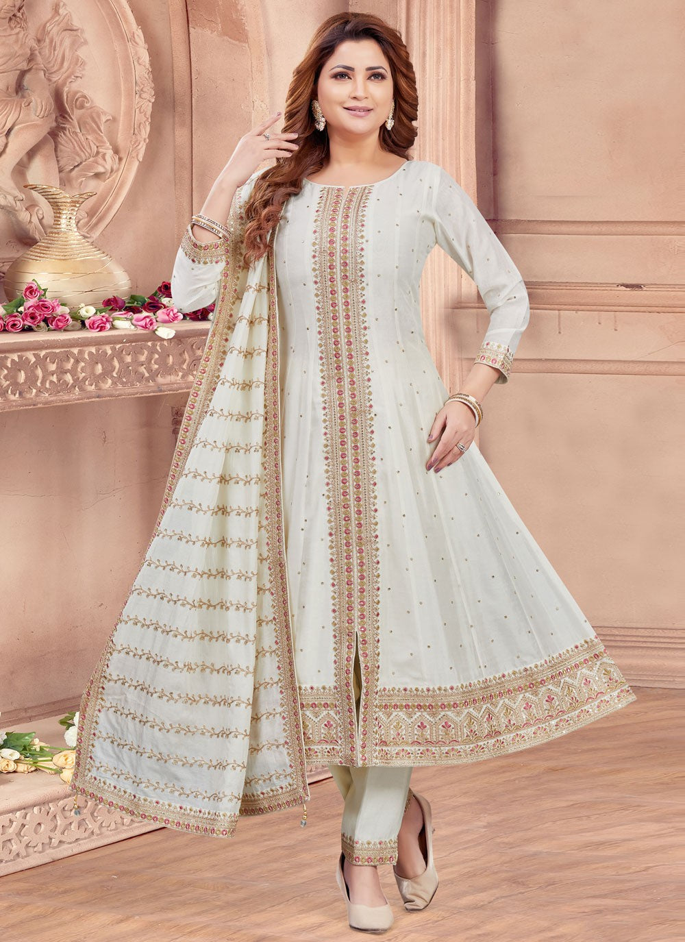 Anarkali Embroidered, Zari White T6651