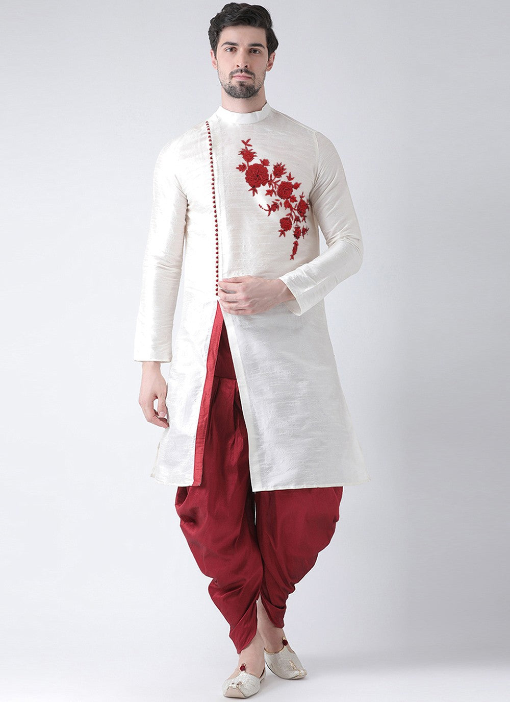 Embroidered Art Dupion Silk White Angrakha - M3478