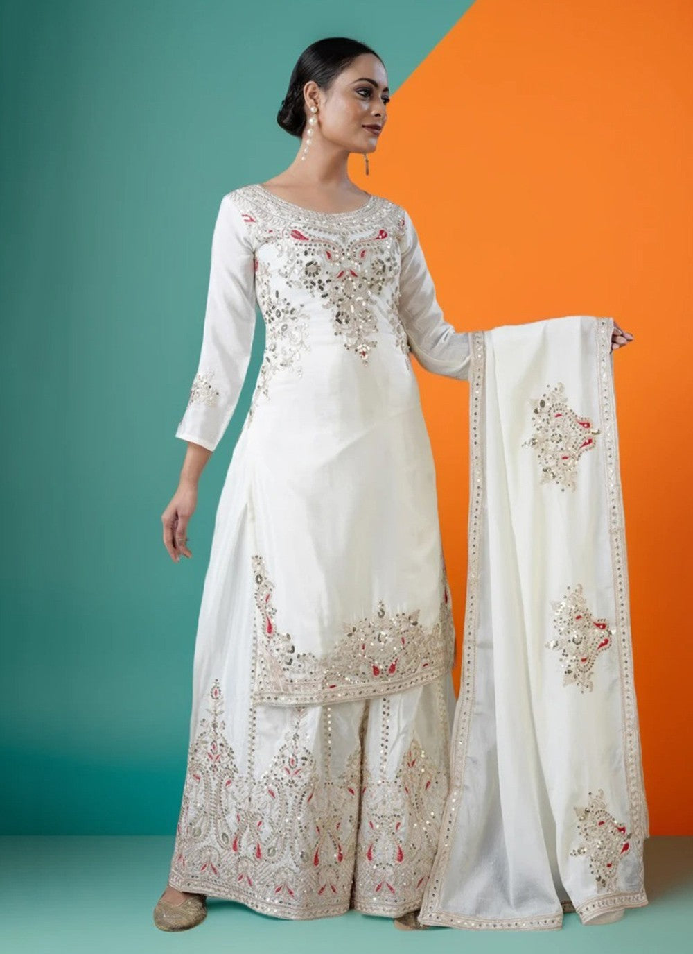 Palazzo Suit Embroidered White T7722