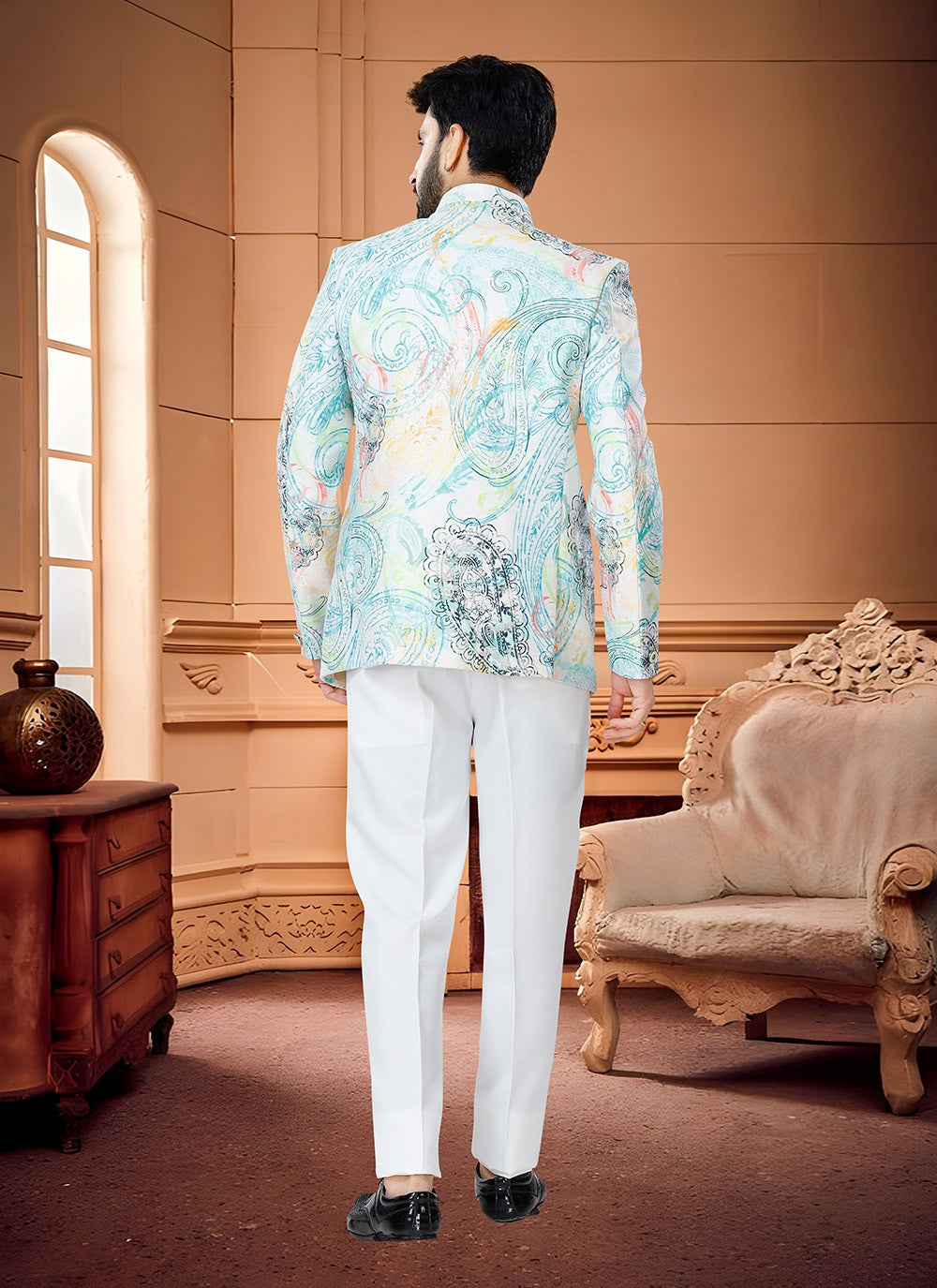 Printed Satin White Jodhpuri Suit - M4327