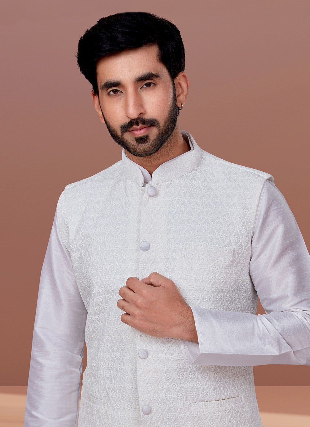 Embroidered Georgette White Nehru Jackets - M7381