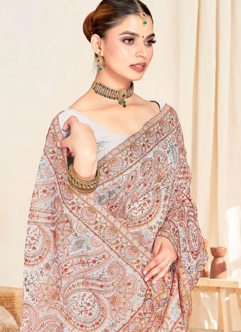 White Georgette Traditional Saree Embroidered, Resham S19834