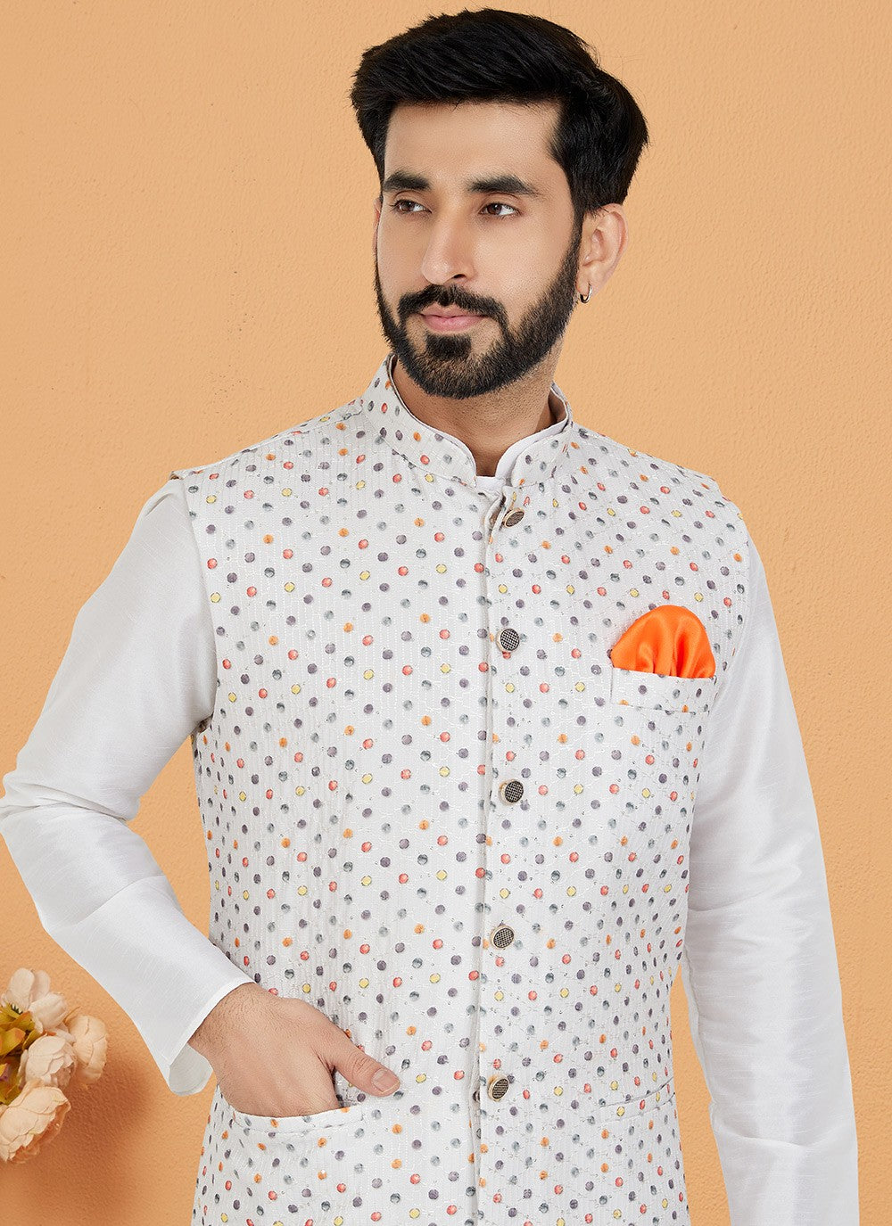 Embroidered Banarasi Silk, Polyester White Kurta Payjama With Jacket - M5537