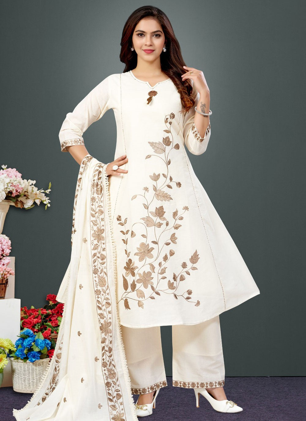 Pant Style Suit Embroidered, Floral Printed White T8397