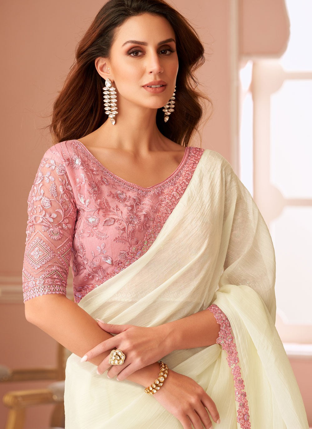Designer Border Work White Georgette Saree S13645
