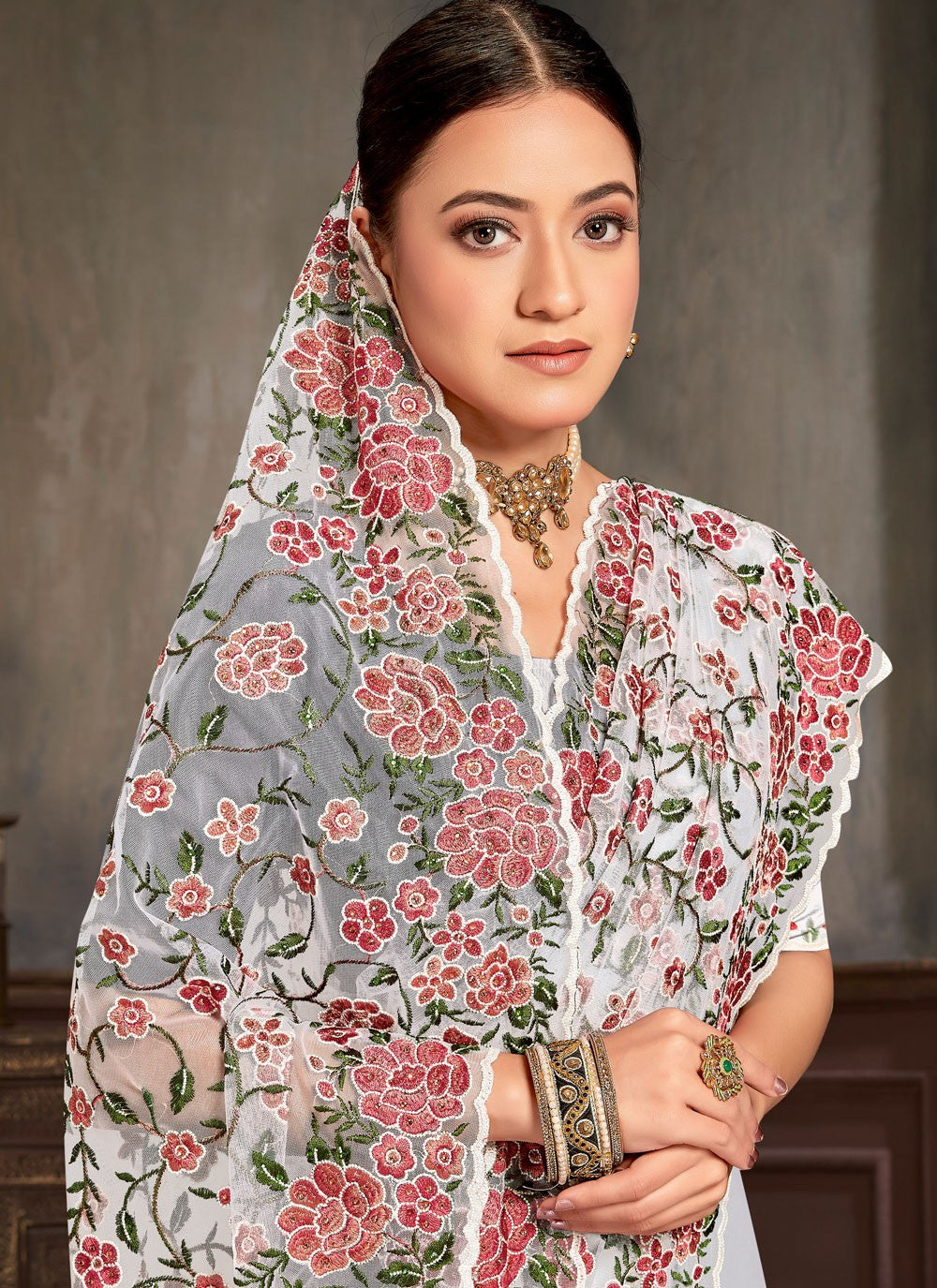 Embroidered Net White Saree S14446