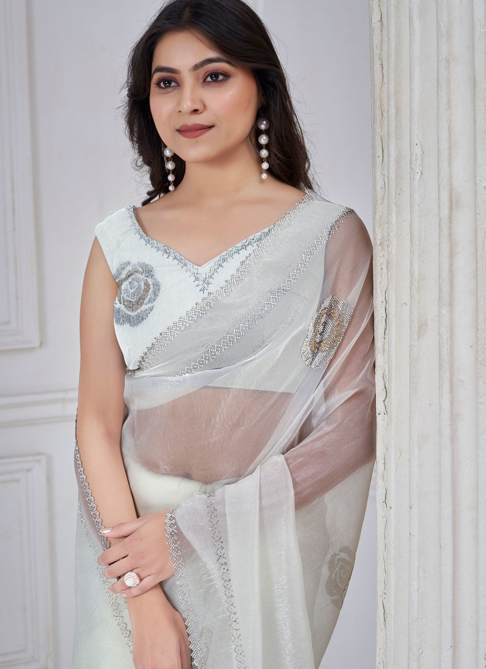 Swarovski Organza White Traditional Saree S15117