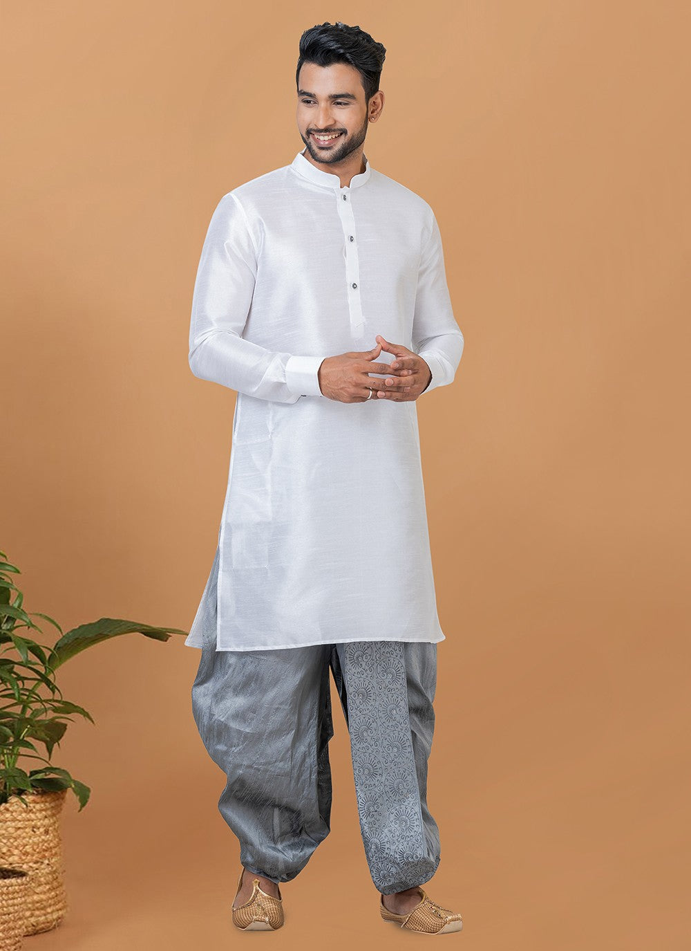 Plain Banarasi Silk White Dhoti Kurta - M5939