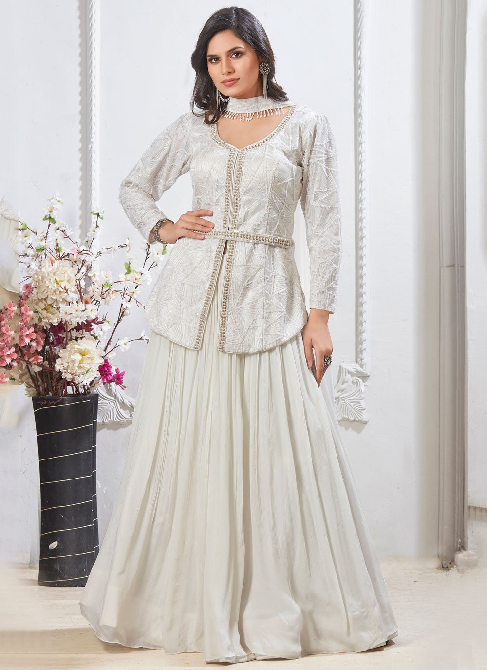 Plain Chinon White Lehenga - L3204