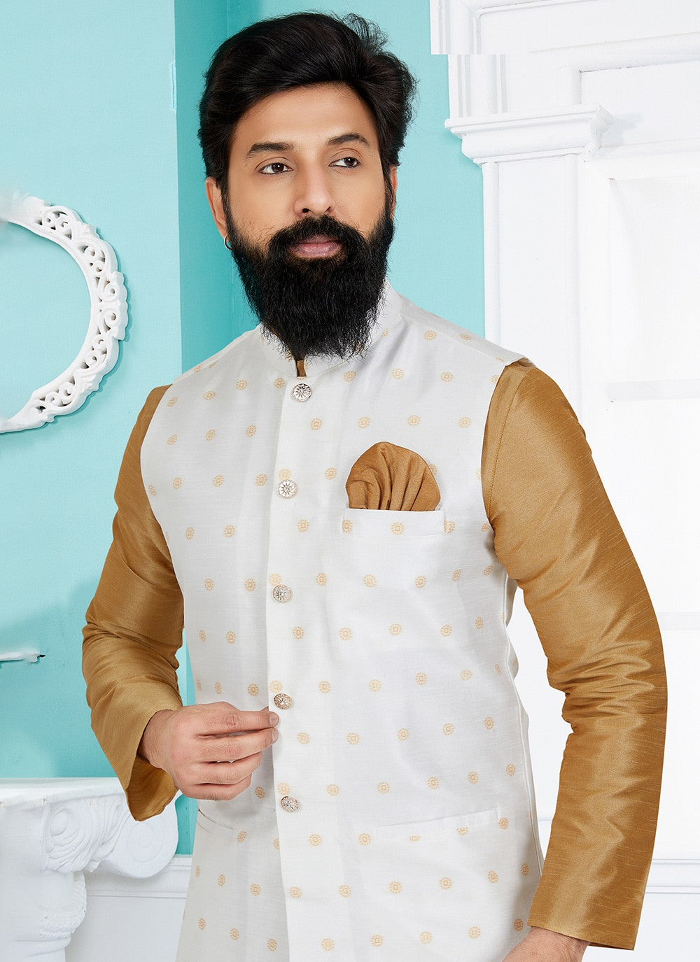 Printed Banarasi Silk White Nehru Jackets - M7488