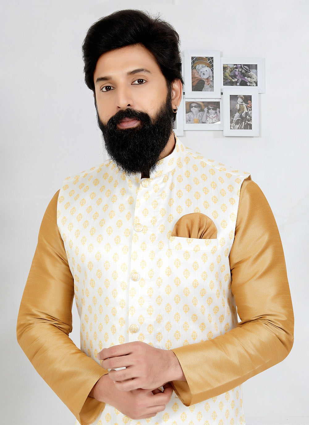 Printed Banarasi Silk White Nehru Jackets - M7491