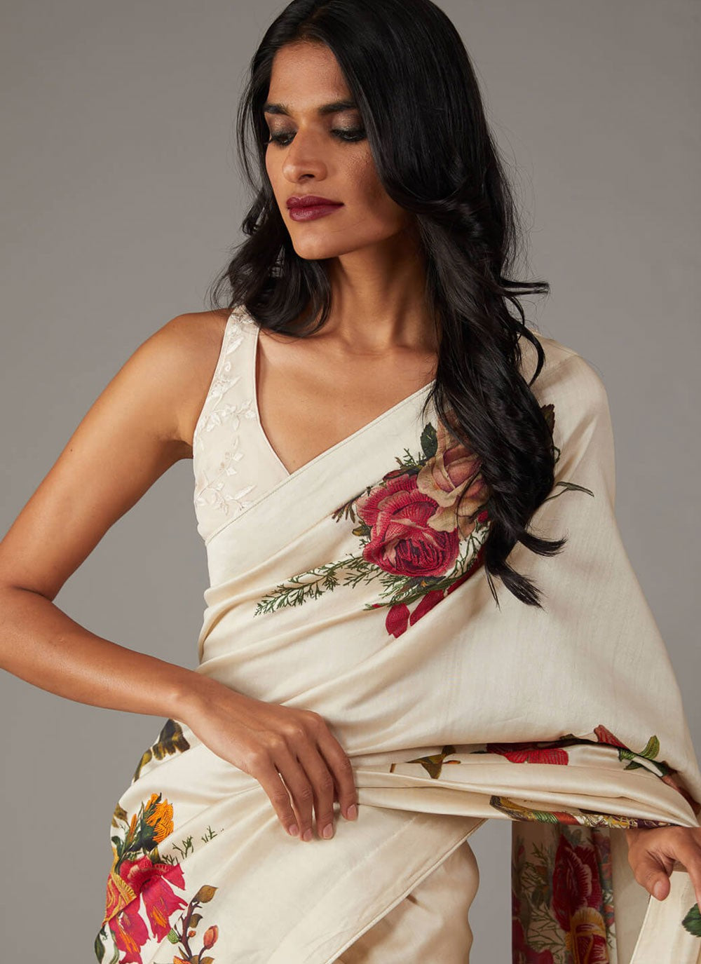 Designer Printed White Pure Crepe Saree S13578