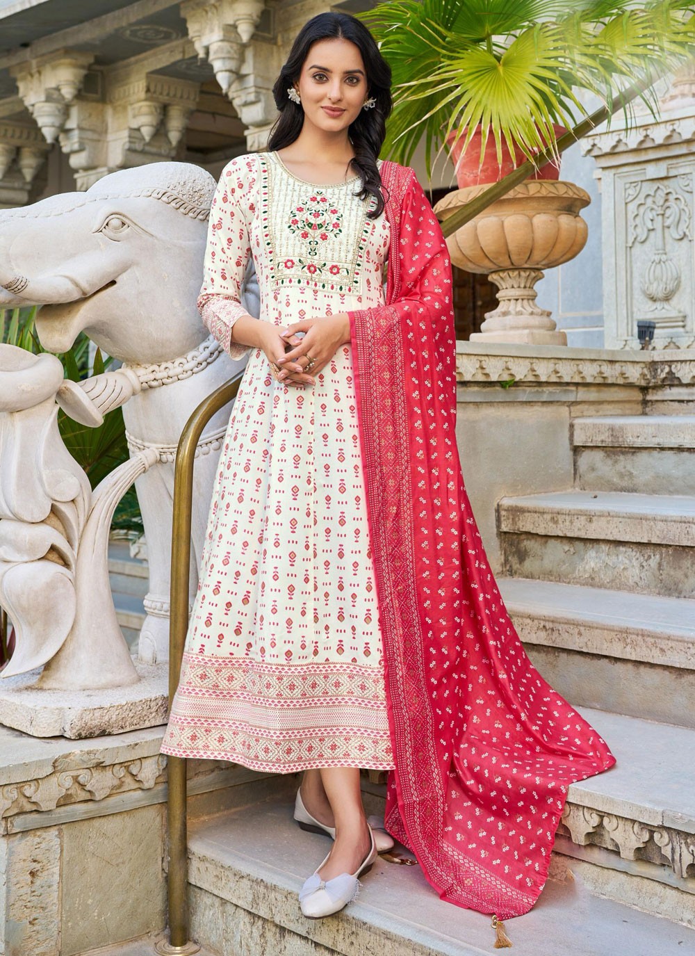 Embroidered Rayon White Gown G19833