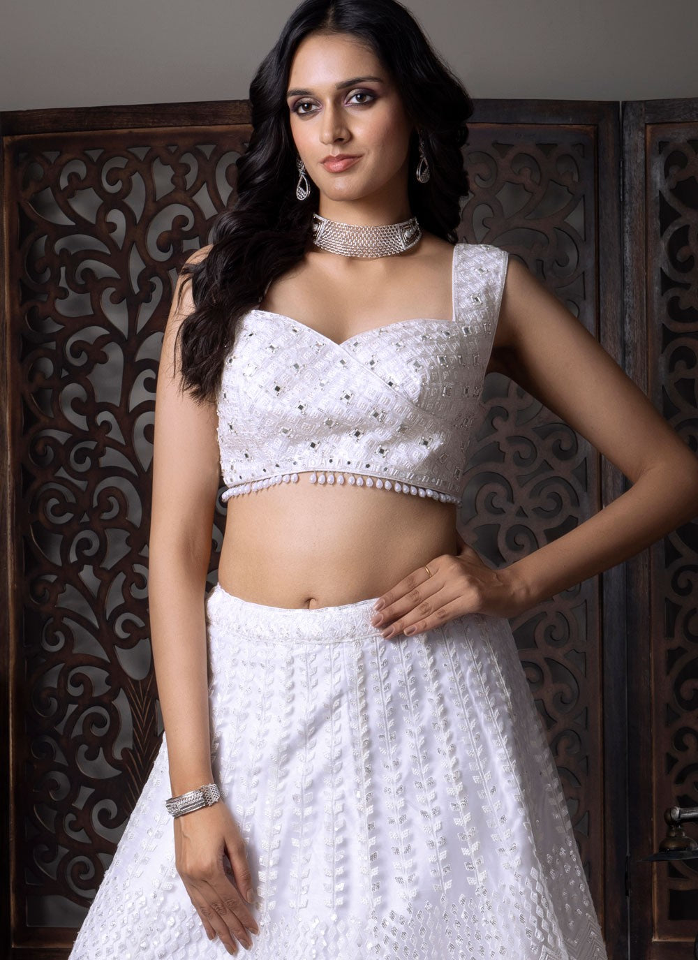 Embroidered Net White Lehenga Choli L3721