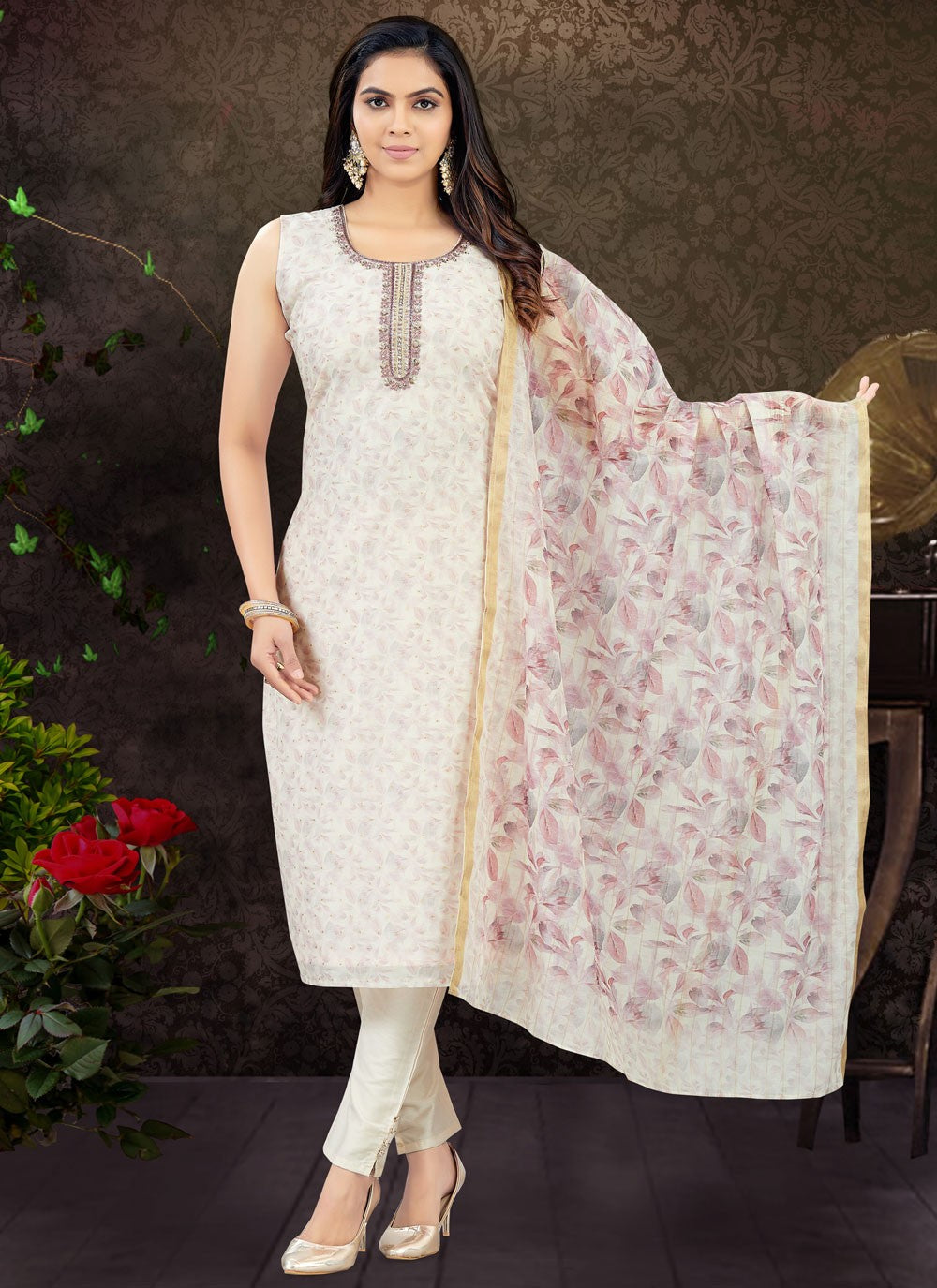 Pant Style Suit Embroidered, Printed White T7423