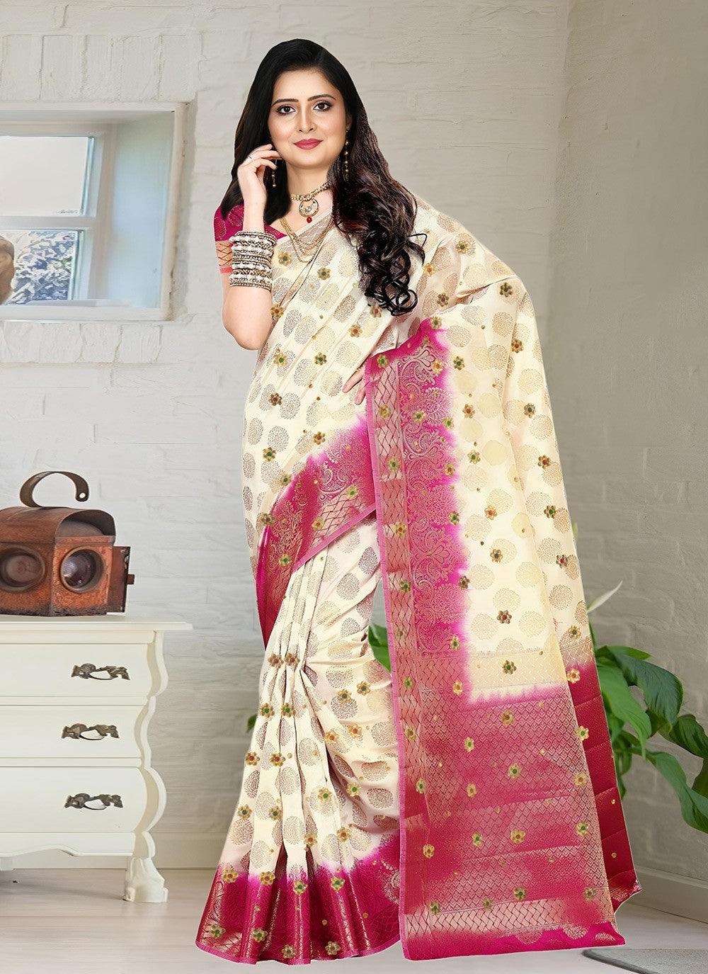 Hand Embroidery Kanjivaram Silk White Saree S13777