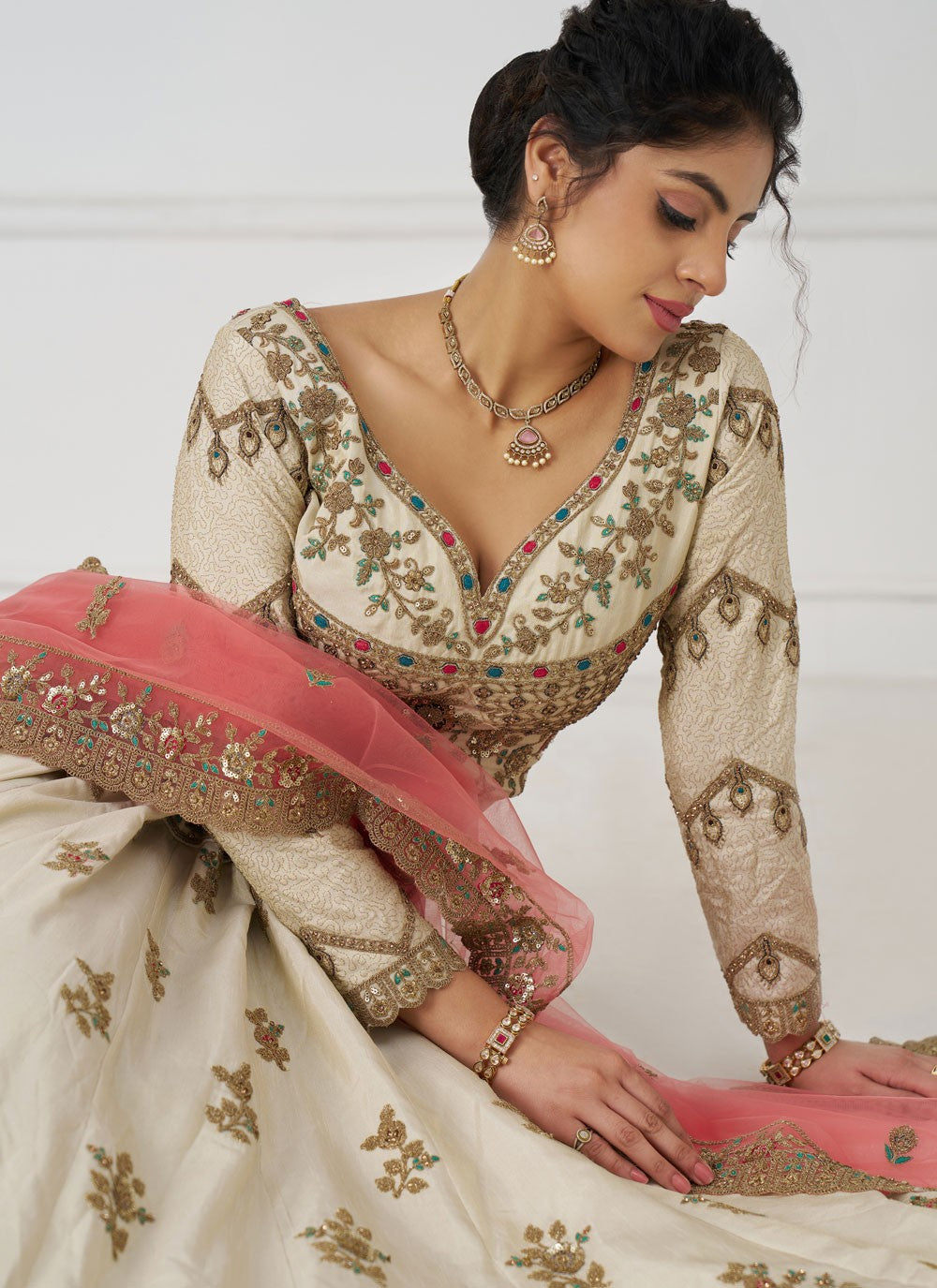 Embroidered Silk White A - Line Lehenga L3797