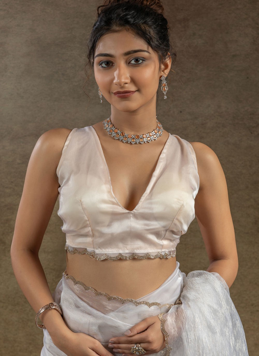 Cut Work Crush White Traditional Saree S15576